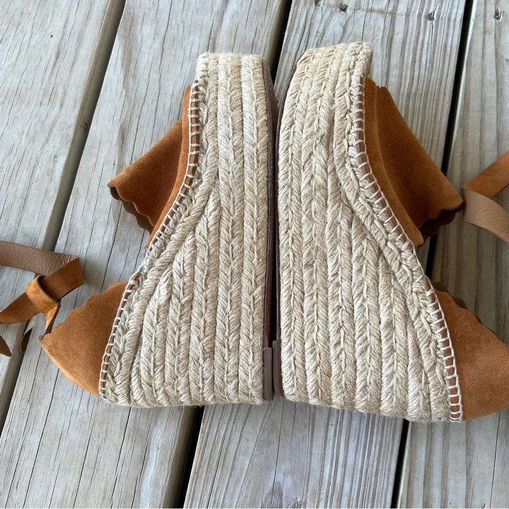 Chloe Lauren 40 Brown Suede Espadrille Wedge Sandals Cognac ankle wrap platform